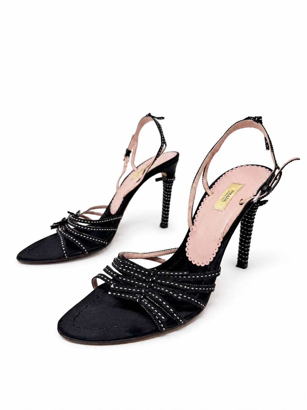 Prada Vintage Black & White Ribbon Bow Sandal Heels Womens Size EU 38.5